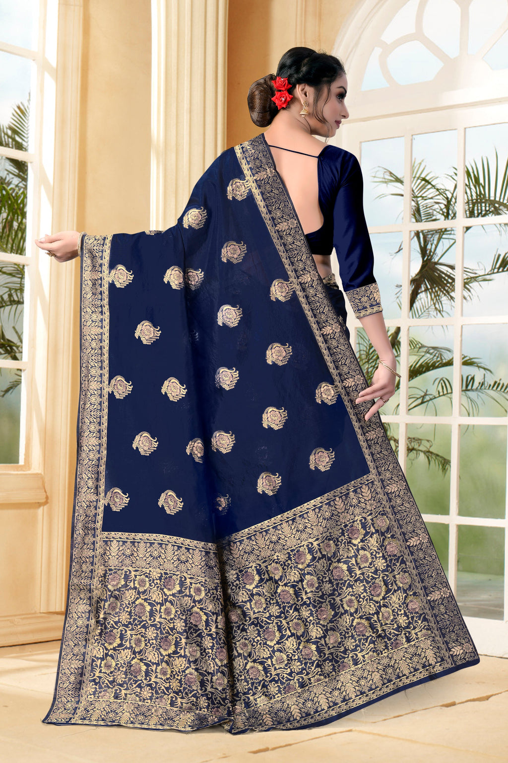 Vedant Vastram Litchi Silk Designer Banarasi Saree - Navy Blue - Distacart