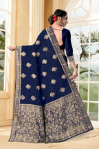 Vedant Vastram Litchi Silk Designer Banarasi Saree - Navy Blue - Distacart