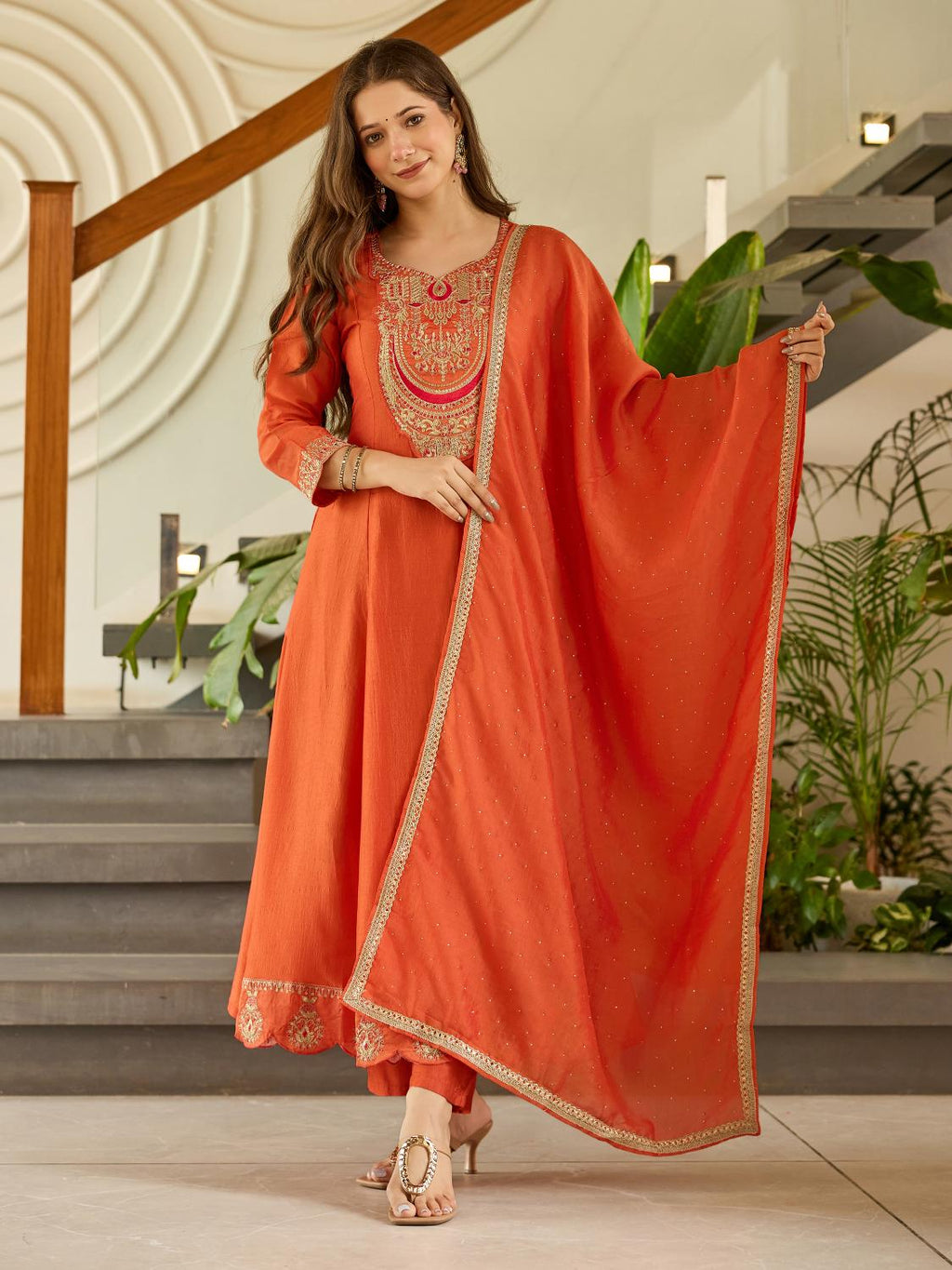 The52 Women's Gorgeous Embroidery Vichitra Silk Fabric Flared Kurta, Pant and Dupatta Set - Distacart