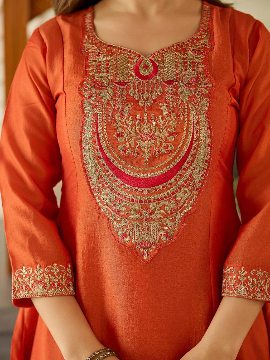 The52 Women's Gorgeous Embroidery Vichitra Silk Fabric Flared Kurta, Pant and Dupatta Set - Distacart