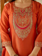 The52 Women's Gorgeous Embroidery Vichitra Silk Fabric Flared Kurta, Pant and Dupatta Set - Distacart