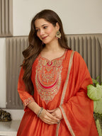 The52 Women's Gorgeous Embroidery Vichitra Silk Fabric Flared Kurta, Pant and Dupatta Set - Distacart