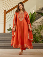 The52 Women's Gorgeous Embroidery Vichitra Silk Fabric Flared Kurta, Pant and Dupatta Set - Distacart