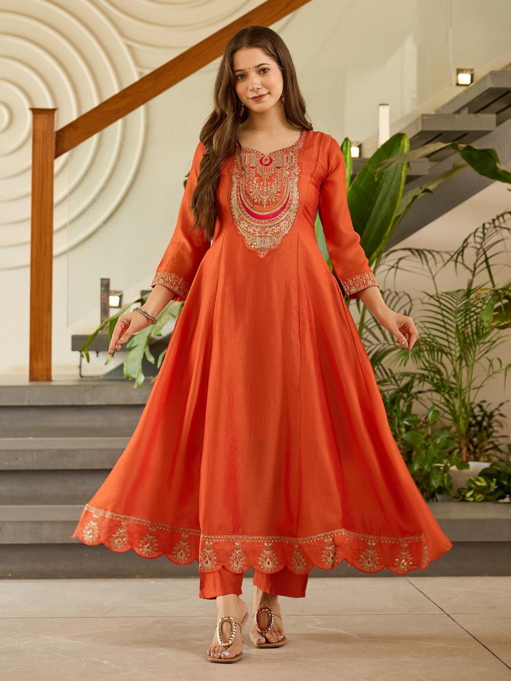 The52 Women's Gorgeous Embroidery Vichitra Silk Fabric Flared Kurta, Pant and Dupatta Set - Distacart
