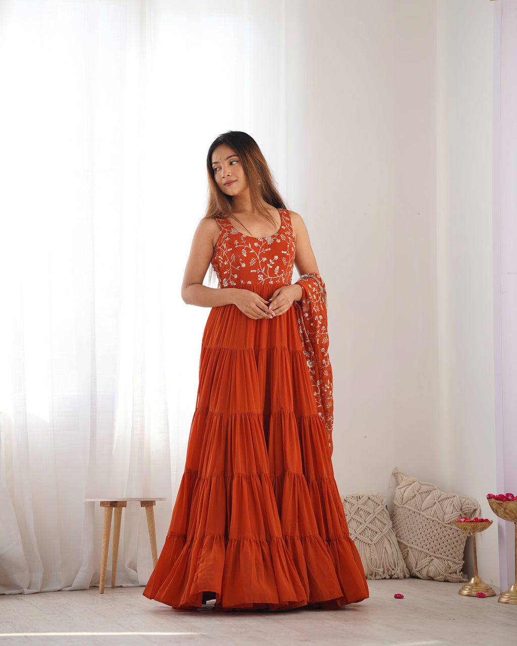 Lorenvalley Rust Faux Georgette Layer Gathering Anarkali Pant With Dupatta Set
