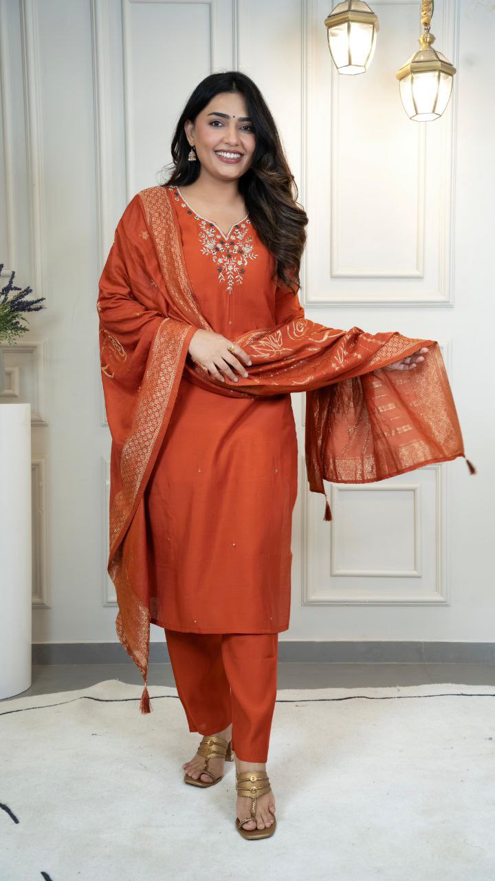 Lorenvalley Fashion Rust Roman Silk Hand Work Kurta Pant with Dupatta - Distacart