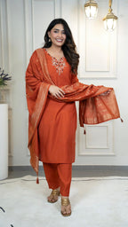 Lorenvalley Fashion Rust Roman Silk Hand Work Kurta Pant with Dupatta - Distacart