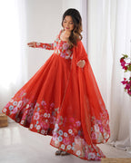 Lorenvalley Rust Soft Organza Silk With Floral Print Fully Flared Anarkali Pant With Dupatta Set