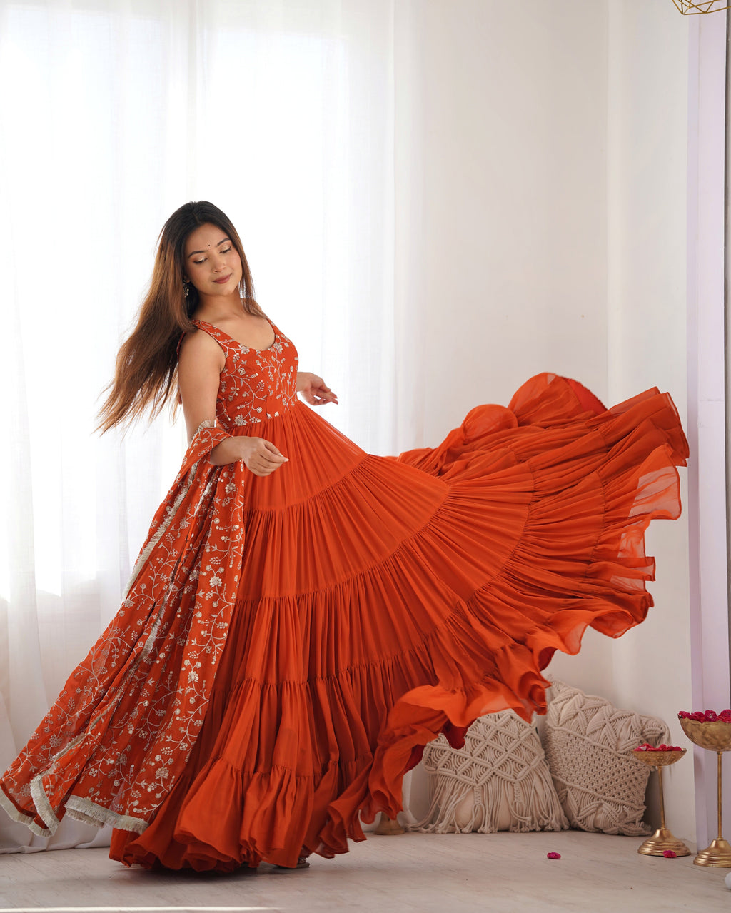 Lorenvalley Rust Faux Georgette Layer Gathering Anarkali Pant With Dupatta Set