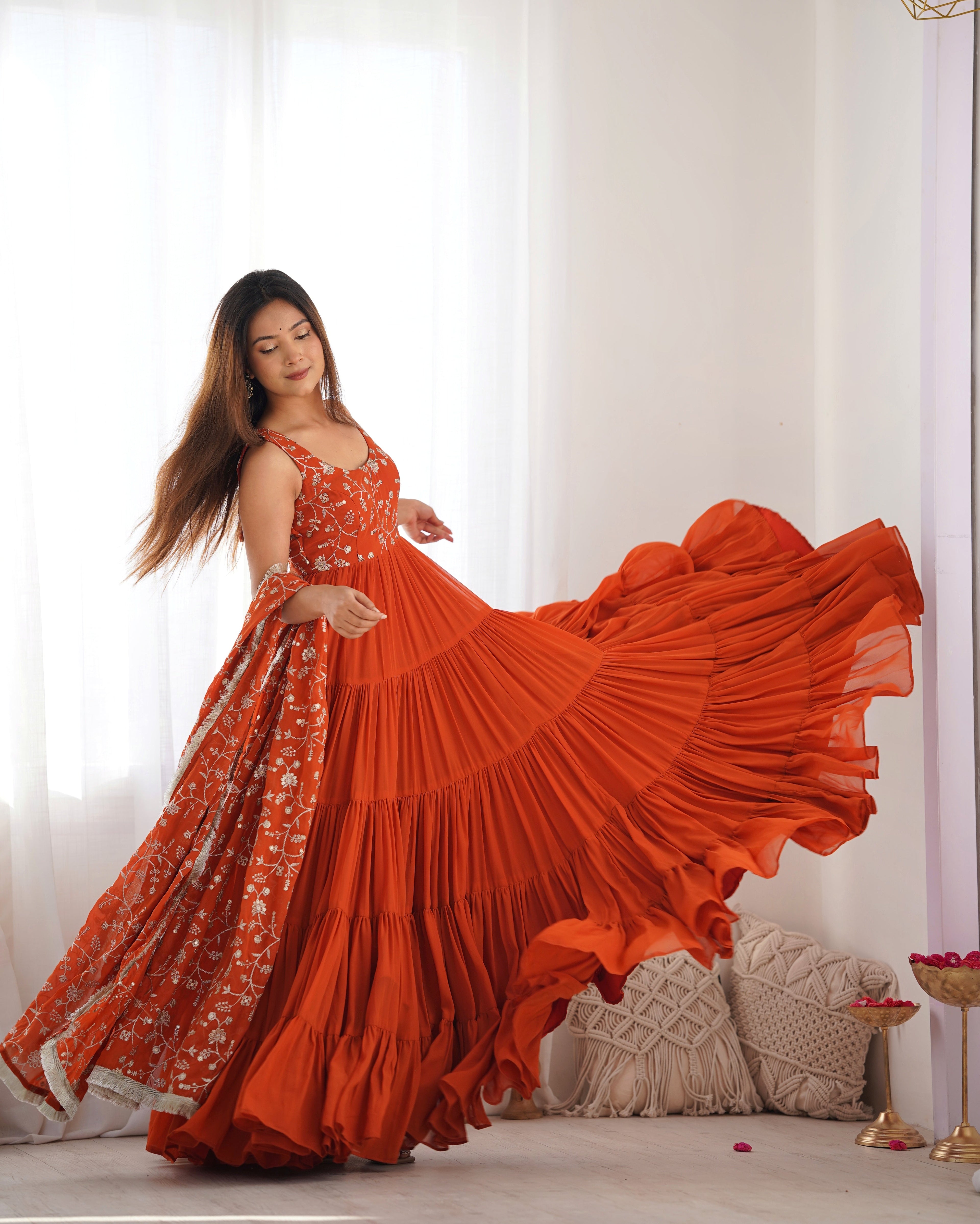 Lorenvalley Rust Faux Georgette Layer Gathering Anarkali Pant With Dupatta Set