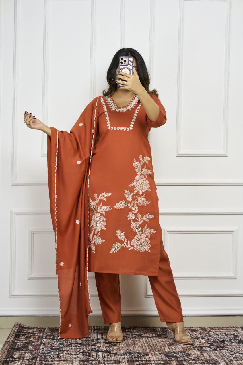 Lorenvalley Fashion Rust Roman Silk Embroidery with Sequence Work Kurta Pant with Dupatta - Distacart