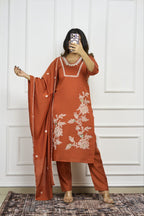 Lorenvalley Fashion Rust Roman Silk Embroidery with Sequence Work Kurta Pant with Dupatta - Distacart