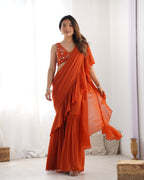 Lorenvalley Rust Faux Georgette Ready To Wear Sharara Saree with Full Stitched Blouse - Distacart