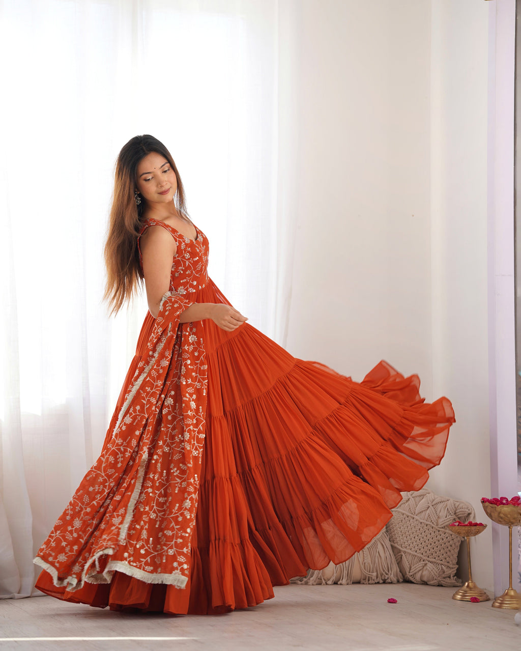 Lorenvalley Rust Faux Georgette Layer Gathering Anarkali Pant With Dupatta Set