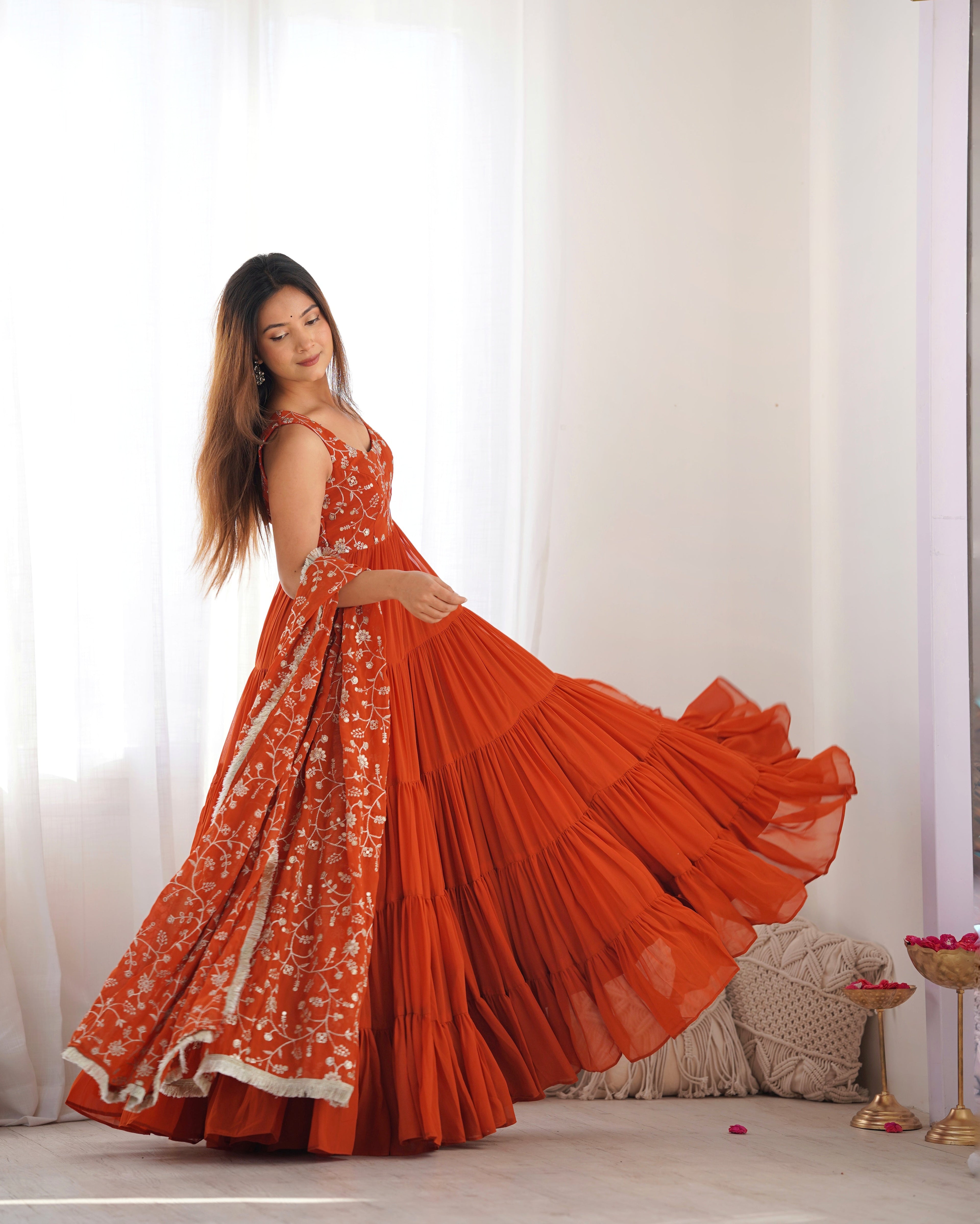 Lorenvalley Rust Faux Georgette Layer Gathering Anarkali Pant With Dupatta Set