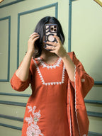 Lorenvalley Fashion Rust Roman Silk Embroidery with Sequence Work Kurta Pant with Dupatta - Distacart