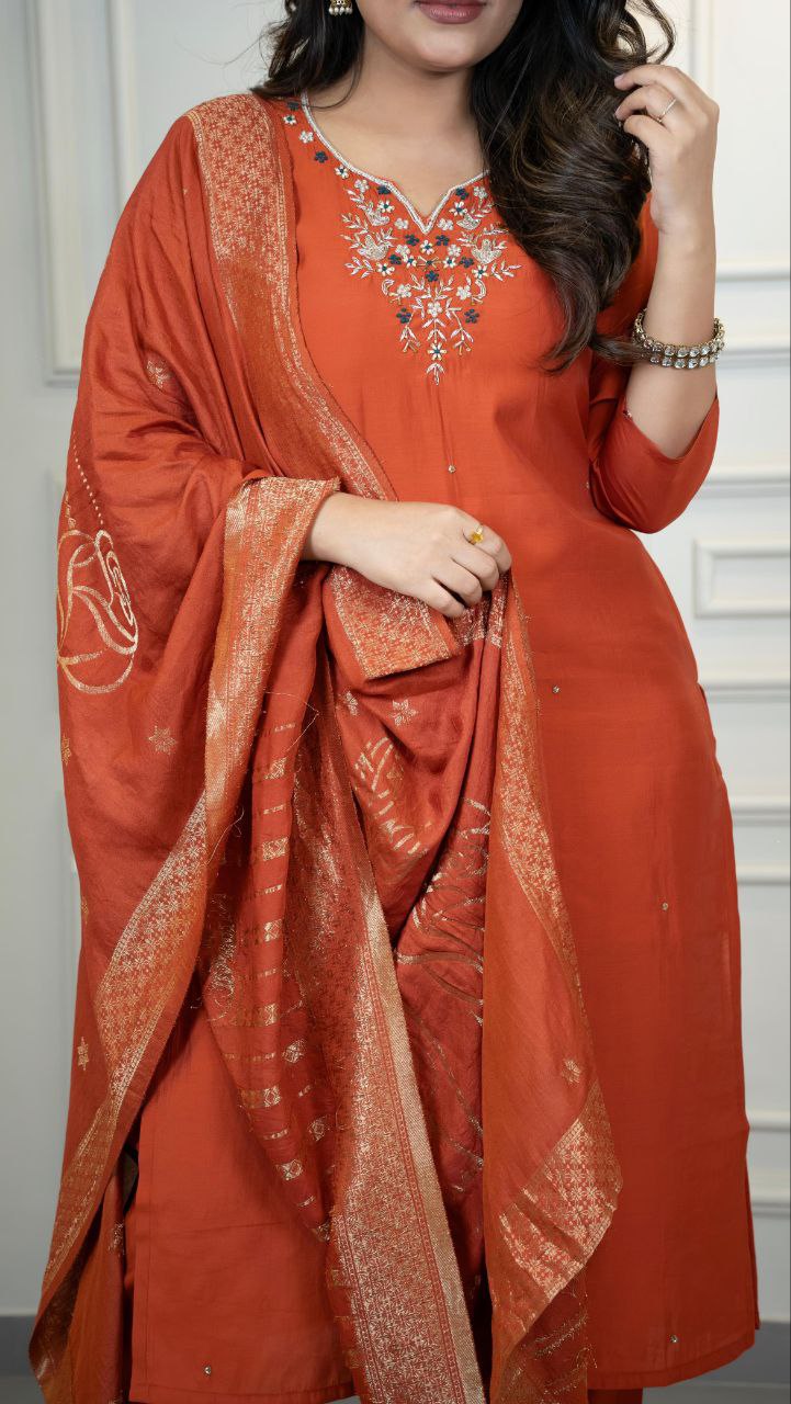 Lorenvalley Fashion Rust Roman Silk Hand Work Kurta Pant with Dupatta - Distacart