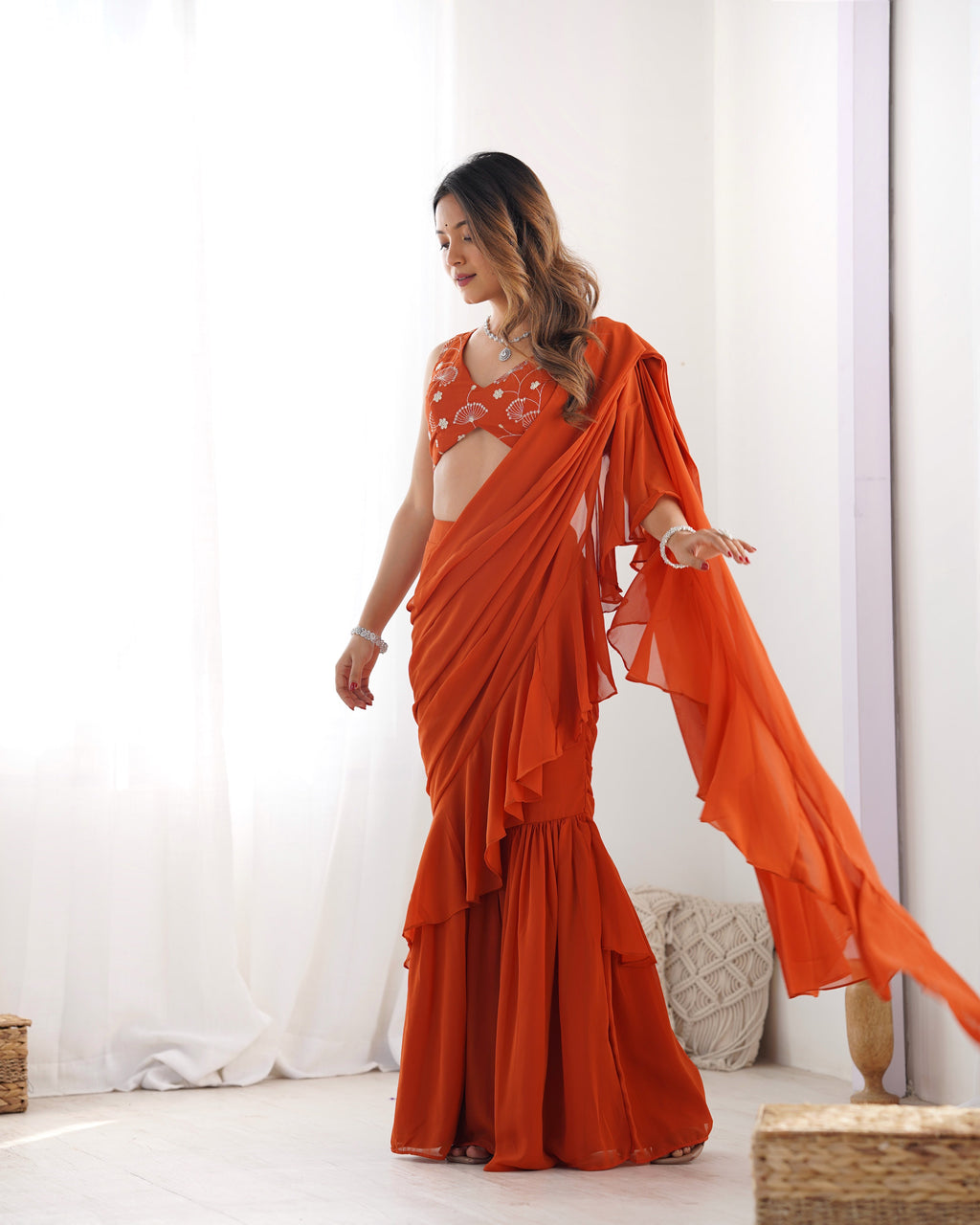 Lorenvalley Rust Faux Georgette Ready To Wear Sharara Saree with Full Stitched Blouse - Distacart