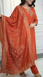 Lorenvalley Fashion Rust Roman Silk Hand Work Kurta Pant with Dupatta - Distacart