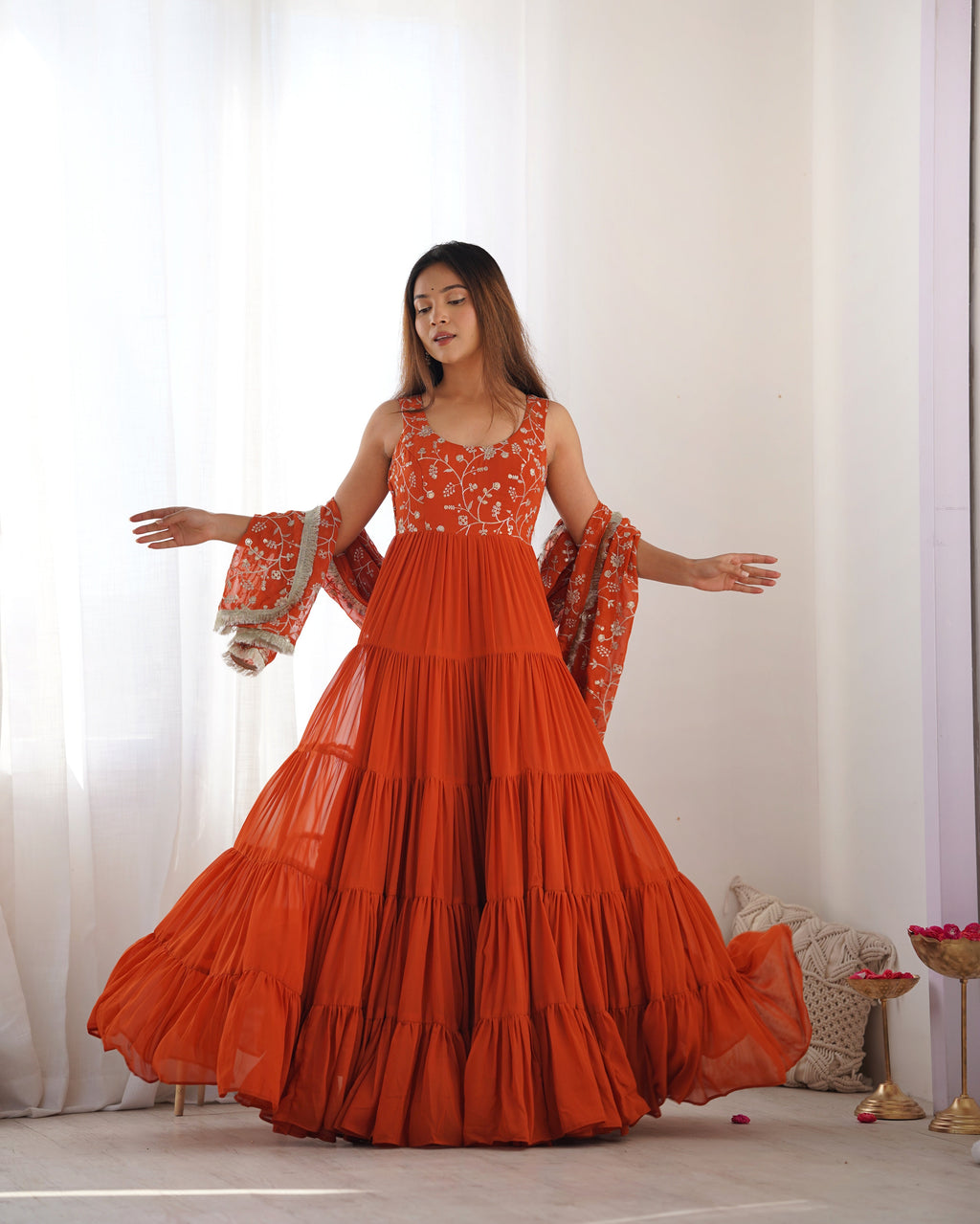 Lorenvalley Rust Faux Georgette Layer Gathering Anarkali Pant With Dupatta Set