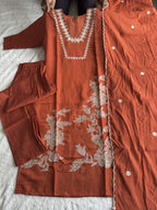 Lorenvalley Fashion Rust Roman Silk Embroidery with Sequence Work Kurta Pant with Dupatta - Distacart