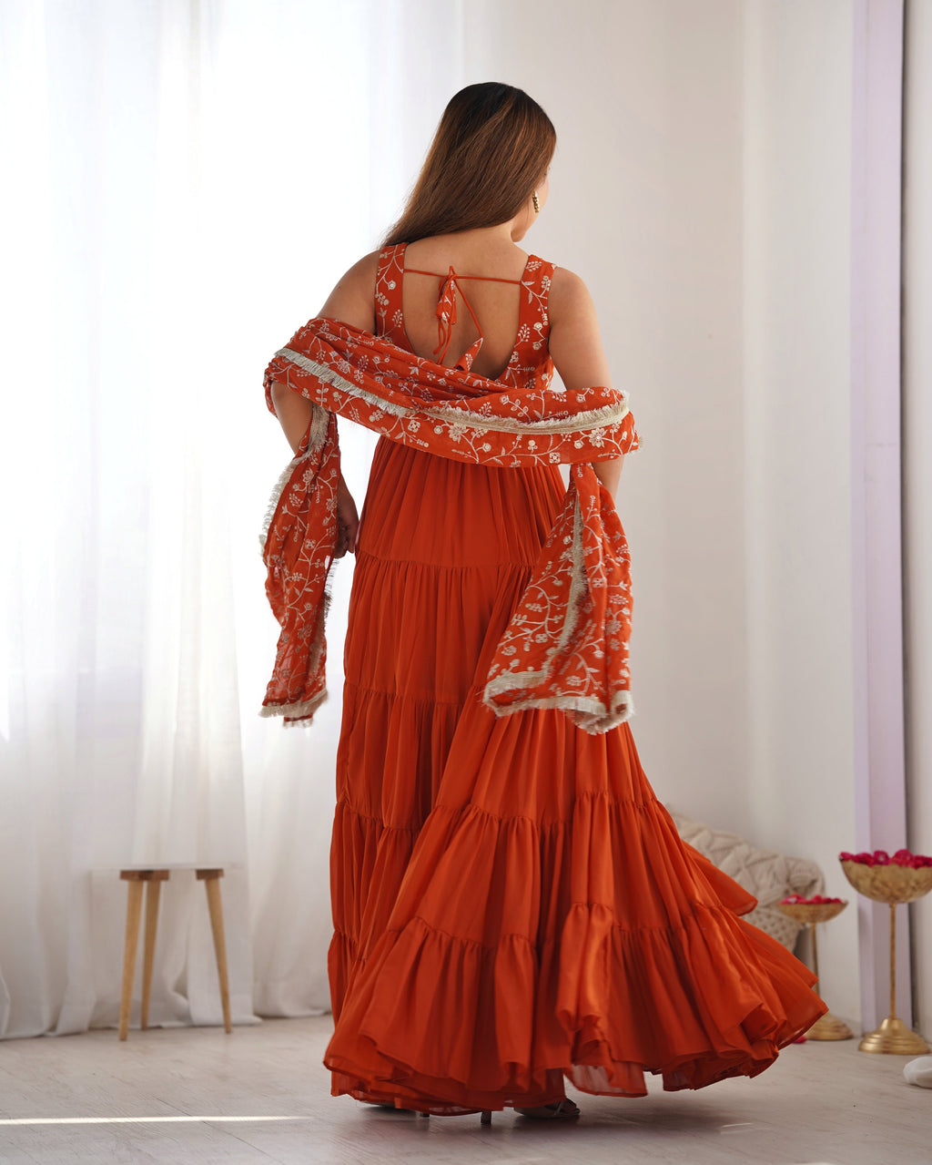 Lorenvalley Rust Faux Georgette Layer Gathering Anarkali Pant With Dupatta Set
