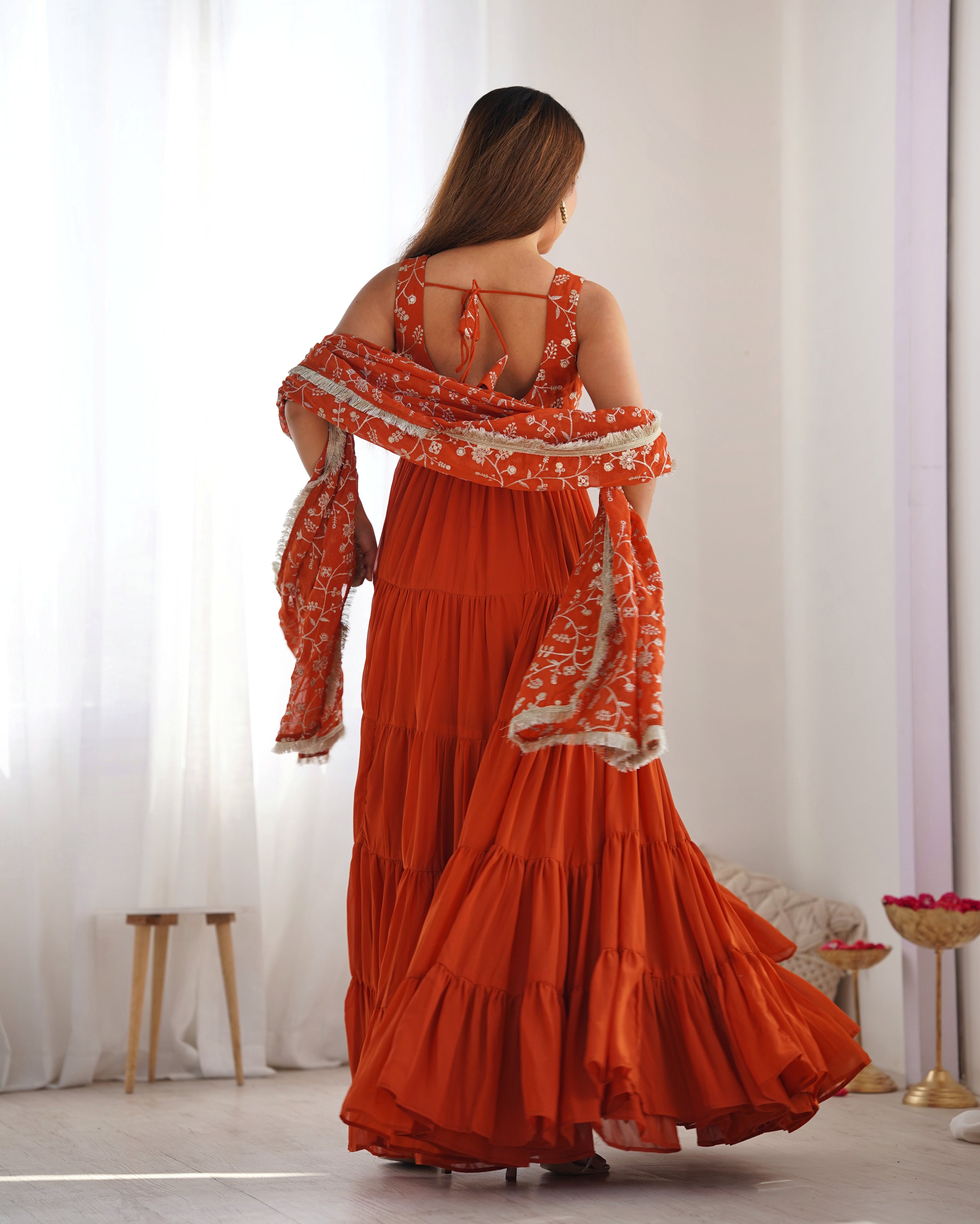 Lorenvalley Rust Faux Georgette Layer Gathering Anarkali Pant With Dupatta Set