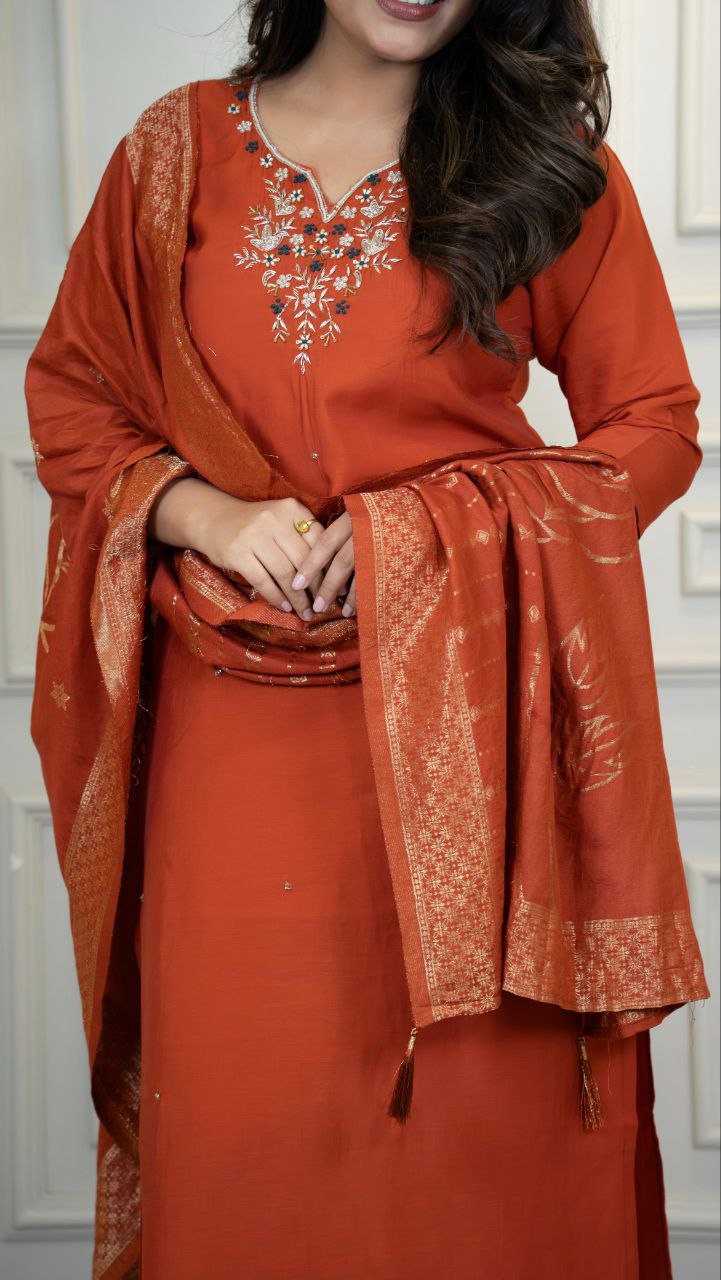 Lorenvalley Fashion Rust Roman Silk Hand Work Kurta Pant with Dupatta - Distacart