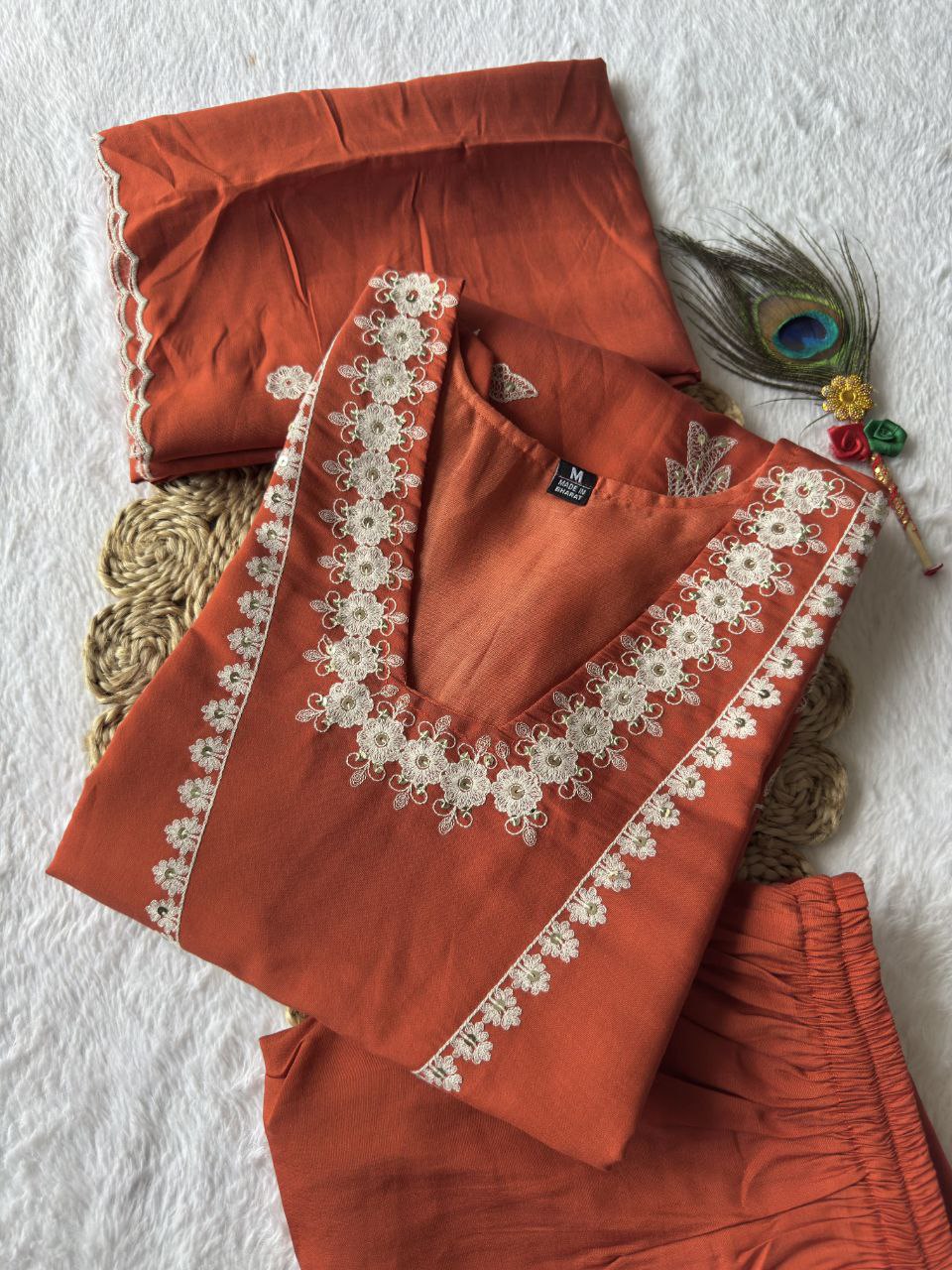 Lorenvalley Fashion Rust Roman Silk Embroidery with Sequence Work Kurta Pant with Dupatta - Distacart