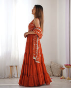 Lorenvalley Rust Faux Georgette Layer Gathering Anarkali Pant With Dupatta Set