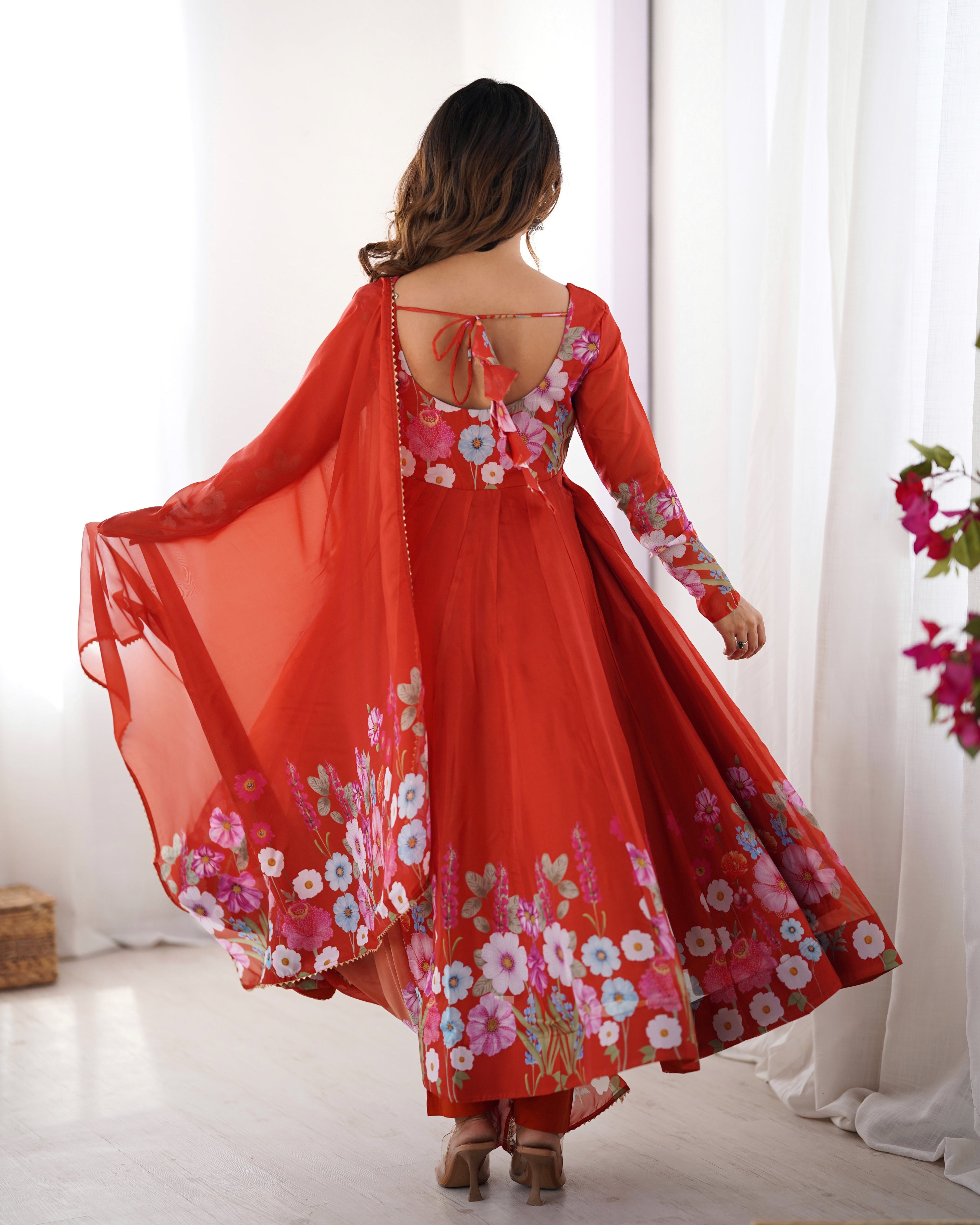Lorenvalley Rust Soft Organza Silk With Floral Print Fully Flared Anarkali Pant With Dupatta Set