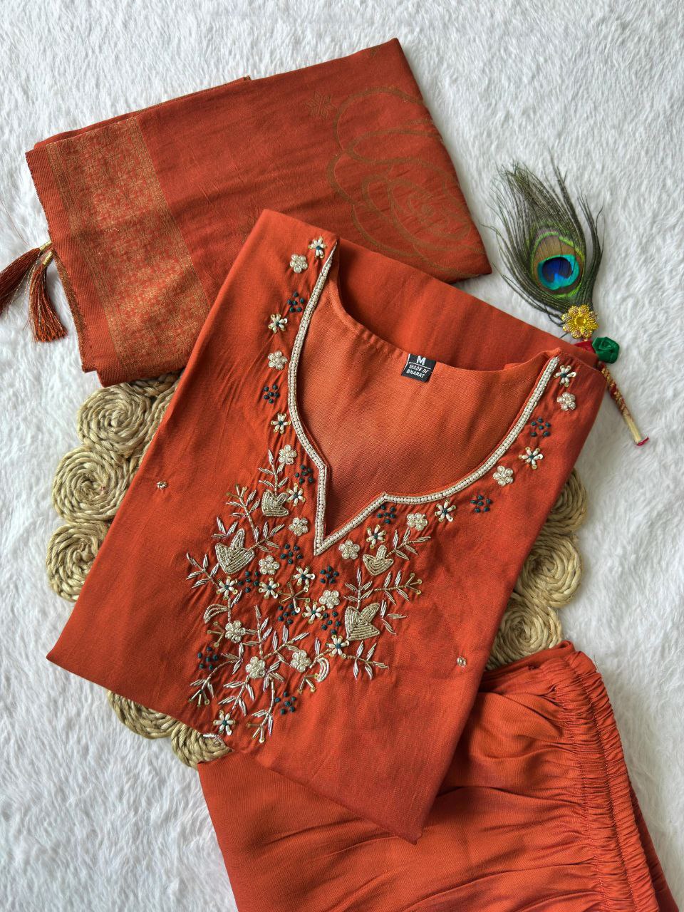 Lorenvalley Fashion Rust Roman Silk Hand Work Kurta Pant with Dupatta - Distacart