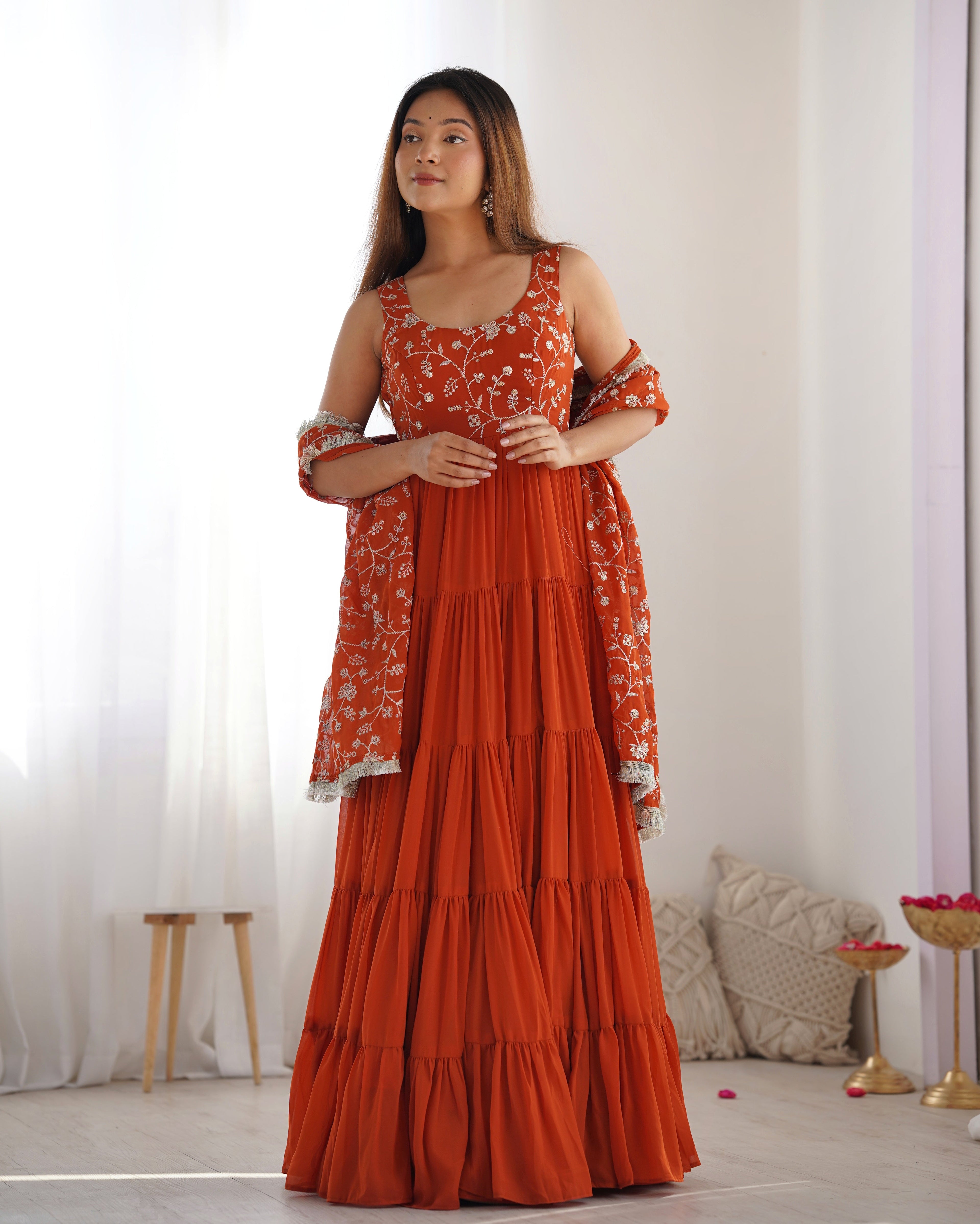 Lorenvalley Rust Faux Georgette Layer Gathering Anarkali Pant With Dupatta Set