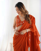 Lorenvalley Rust Faux Georgette Ready To Wear Sharara Saree with Full Stitched Blouse - Distacart