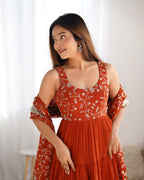 Lorenvalley Rust Faux Georgette Layer Gathering Anarkali Pant With Dupatta Set