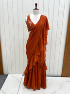 Lorenvalley Rust Faux Georgette Ready To Wear Sharara Saree with Full Stitched Blouse - Distacart