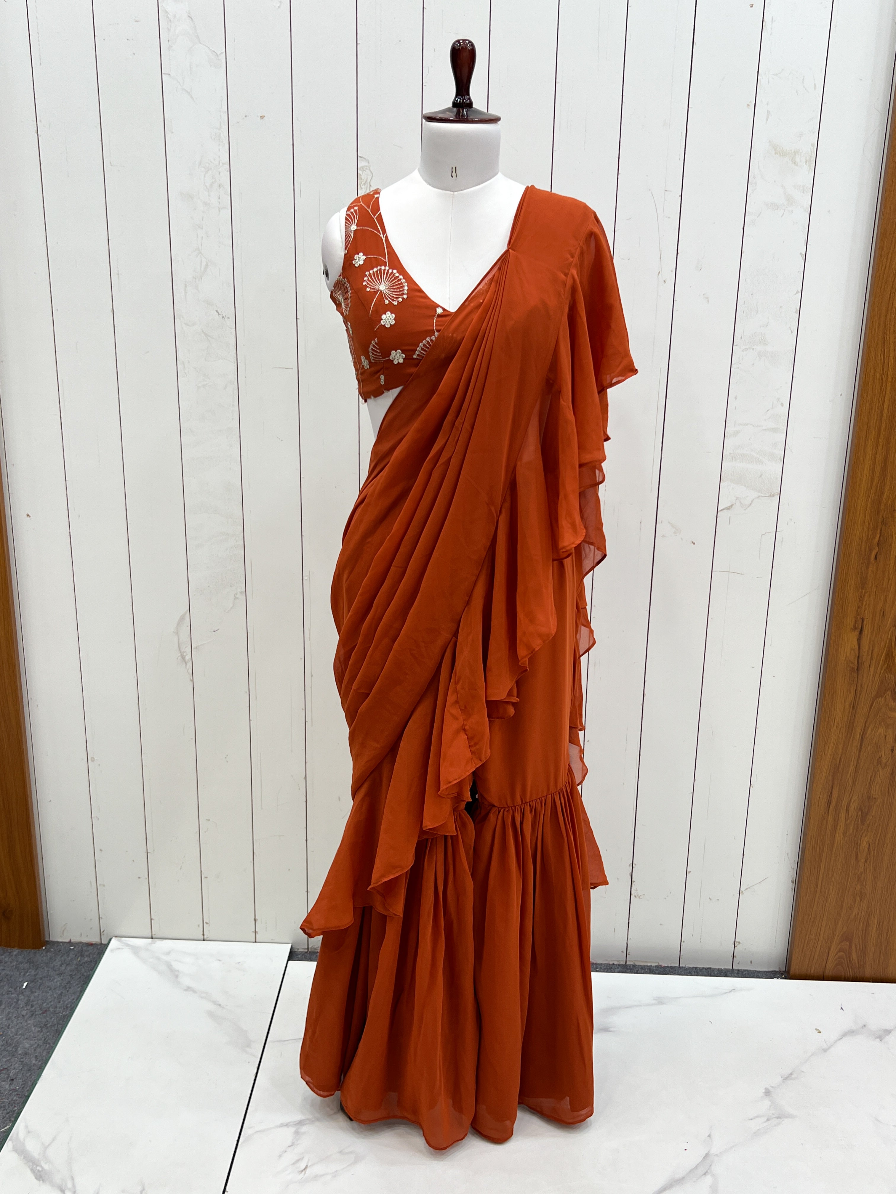 Lorenvalley Rust Faux Georgette Ready To Wear Sharara Saree with Full Stitched Blouse - Distacart