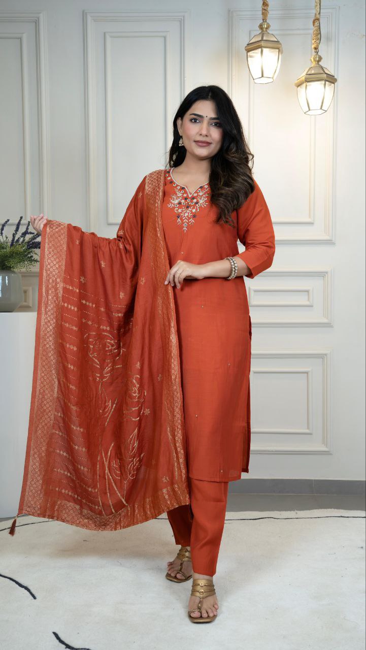 Lorenvalley Fashion Rust Roman Silk Hand Work Kurta Pant with Dupatta - Distacart