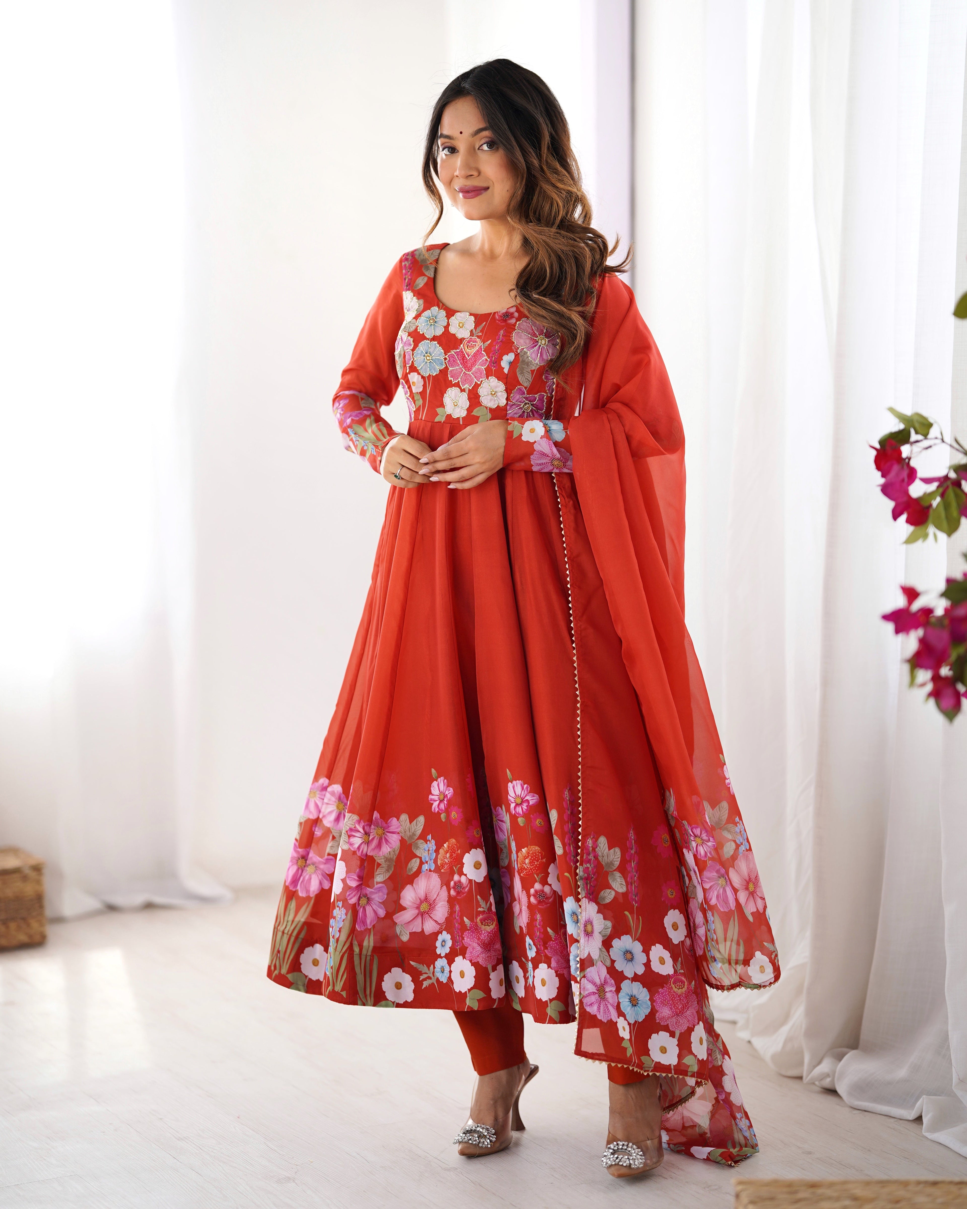 Lorenvalley Rust Soft Organza Silk With Floral Print Fully Flared Anarkali Pant With Dupatta Set