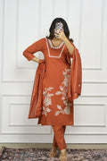 Lorenvalley Fashion Rust Roman Silk Embroidery with Sequence Work Kurta Pant with Dupatta - Distacart