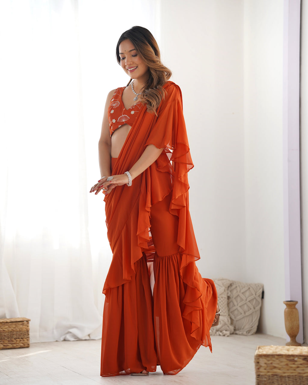 Lorenvalley Rust Faux Georgette Ready To Wear Sharara Saree with Full Stitched Blouse - Distacart