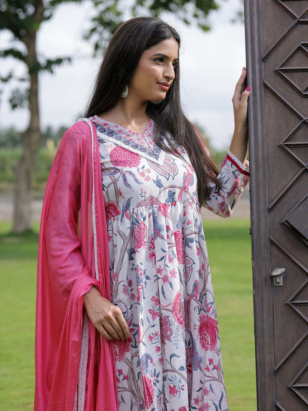 The52 Women's Beautiful Rayon Fabric Printed Work Flared Kurta Pant and Dupatta Set - Distacart