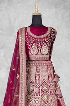 Dark Red Velvet Pure Mirror Work Semi Stitched Lehenga Choli with Dupatta - Nimaya Lagnotsav