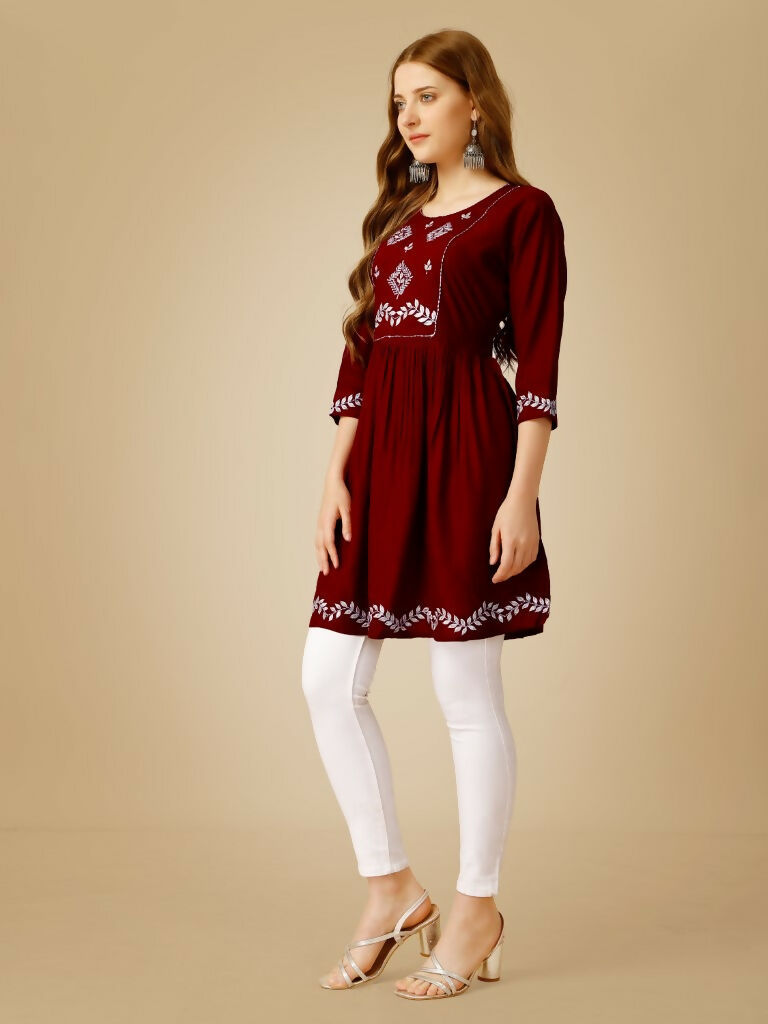 Jyoti Fashion Women's Maroon Viscose Rayon Embroidered Casual Top