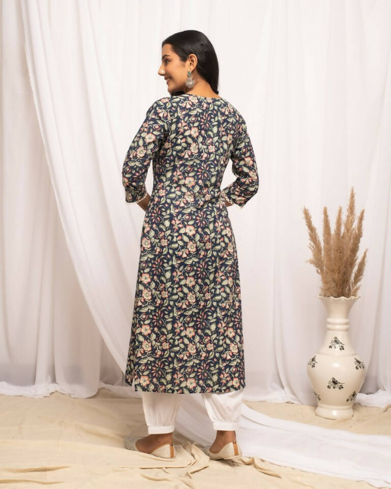 FIORRA Women's Floral Printed Blue Cotton Straight Kurta