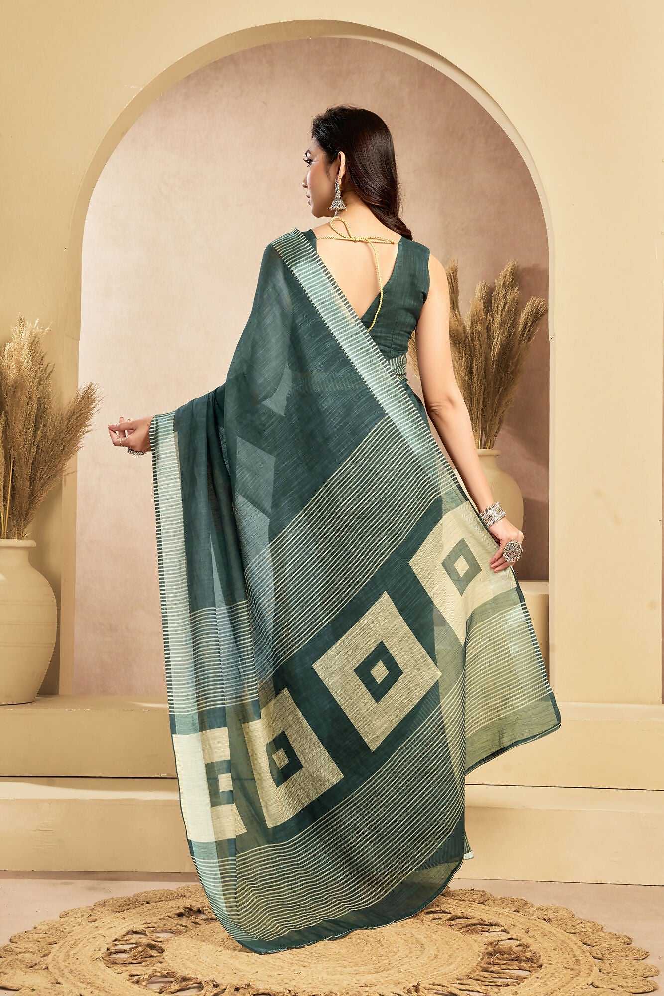 Vastranavya Morpeach Digital Printed Linen Ready To Wear Pocket Saree with Unstitched Blouse - Distacart