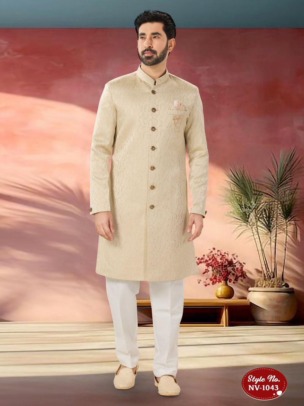 Joban Fashion Men's Beige Straight Swed Velvet Self-Design In Fabric Indo-Western Kurta Set