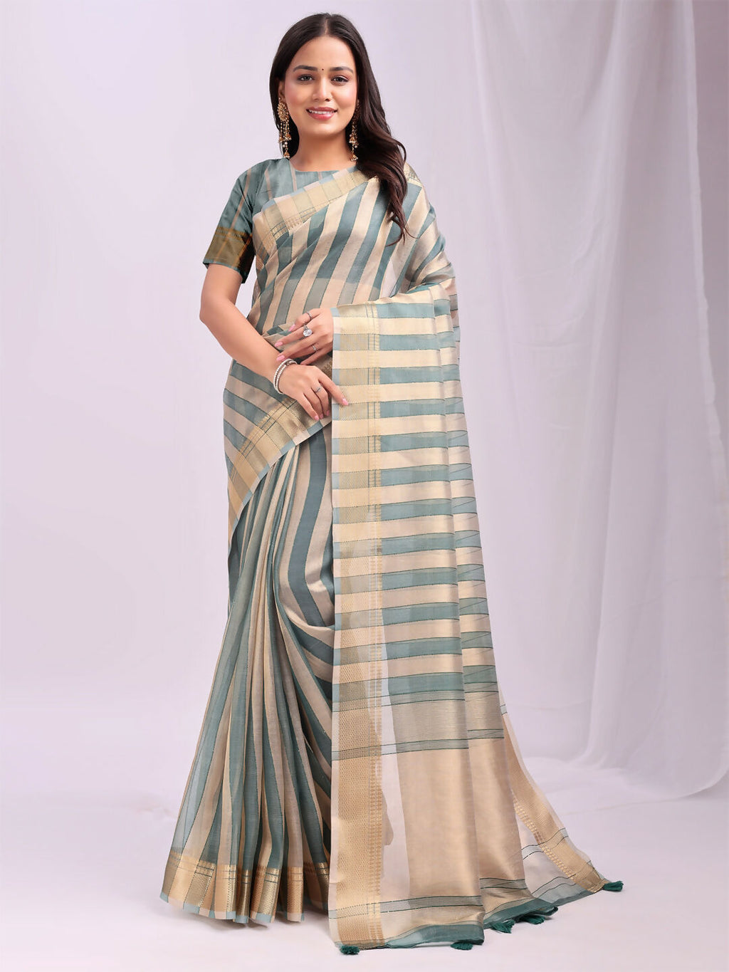 Shree Shyam Fashion Organza Green Saree - Distacart