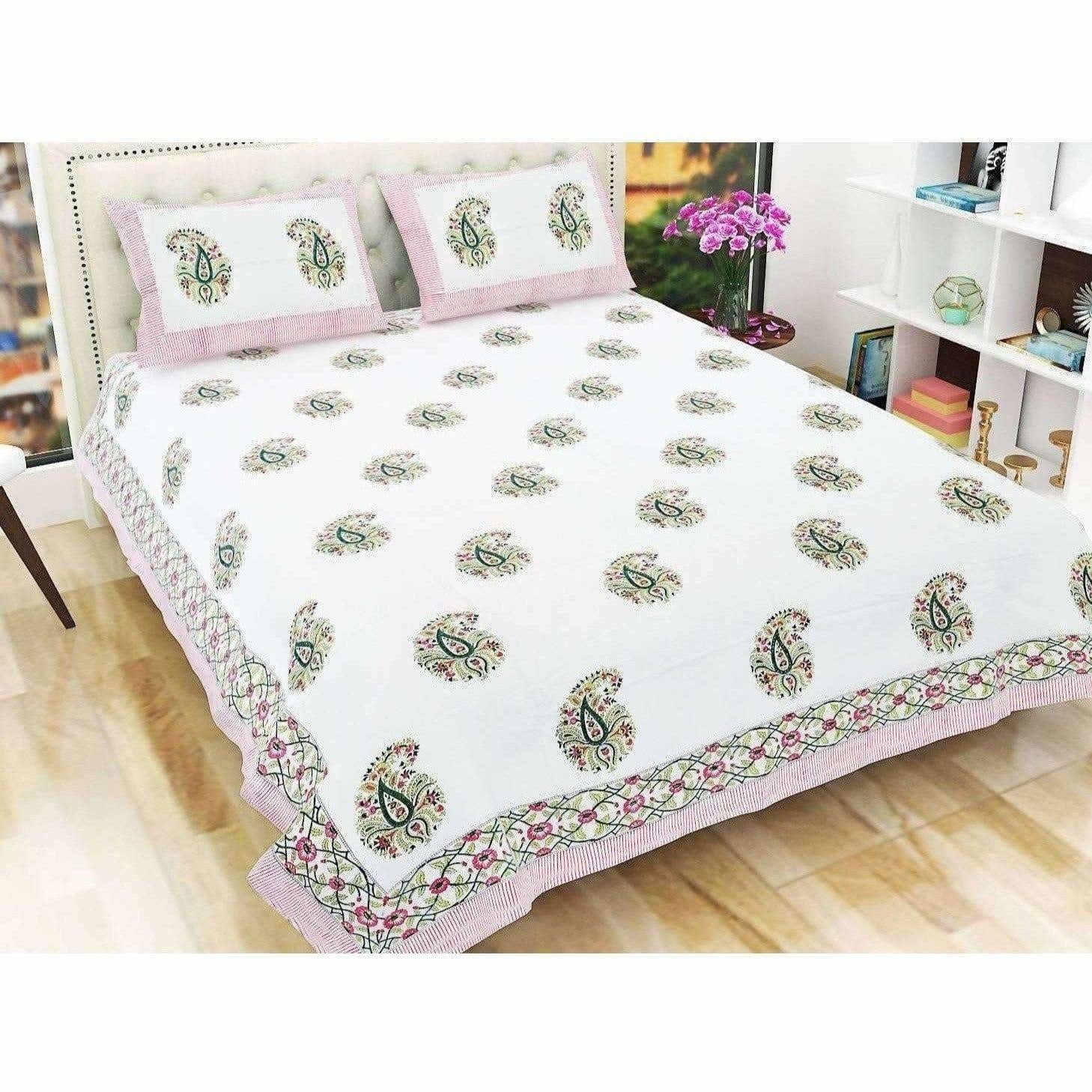 Paisley Hand Block Printed Double 90x108 Inches Bedspread with 2 Pillow Covers