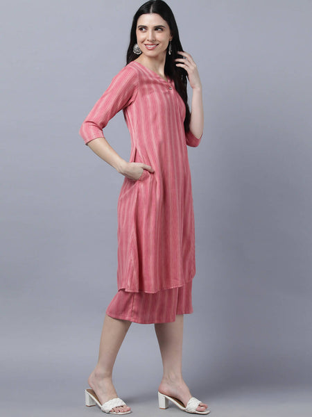 Myshka Stylish Pink Cotton 3/4 Sleeve Women's Kurta Palazzo Set